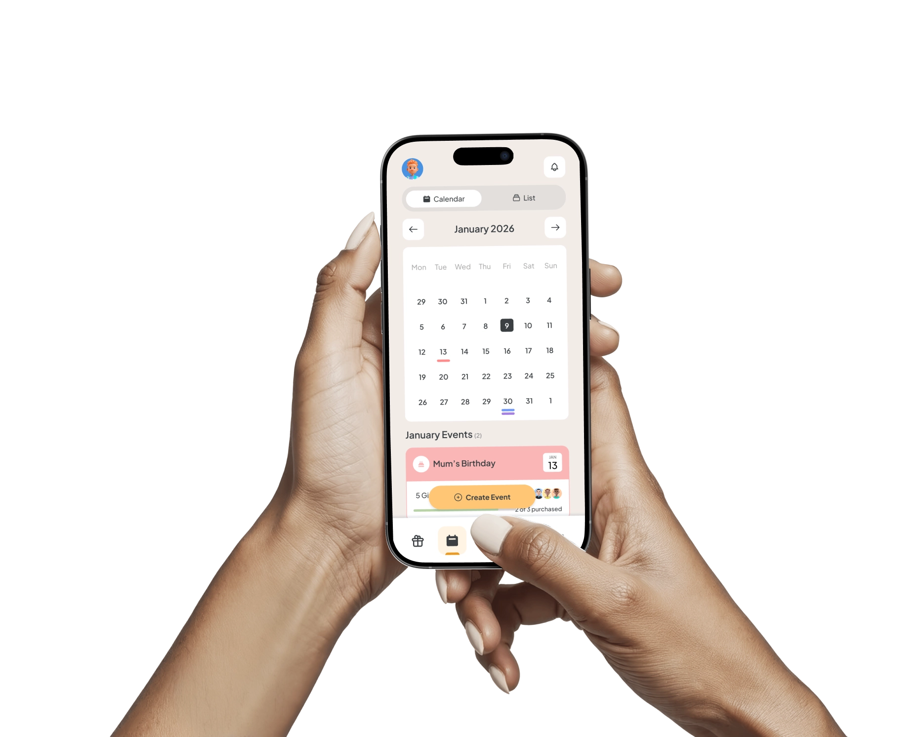 Hands holding a phone showing the Gifticker calendar