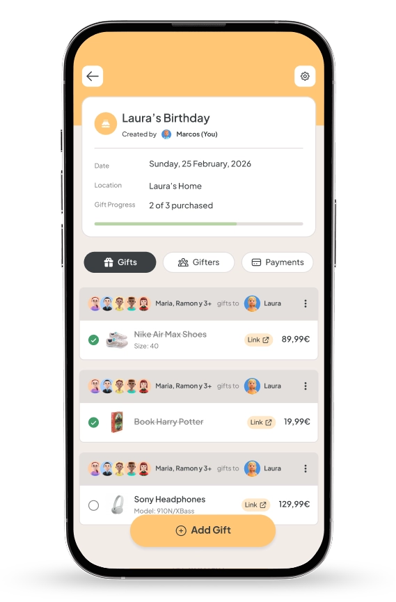 Event detail screen with gifts and gifters
