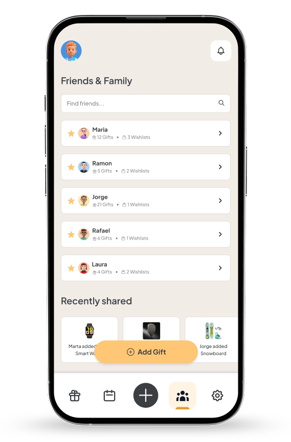 Friends and family list with recently shared gifts