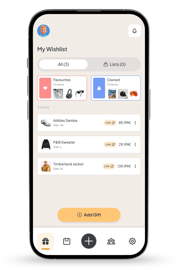 My Wishlist screen with favourites and items